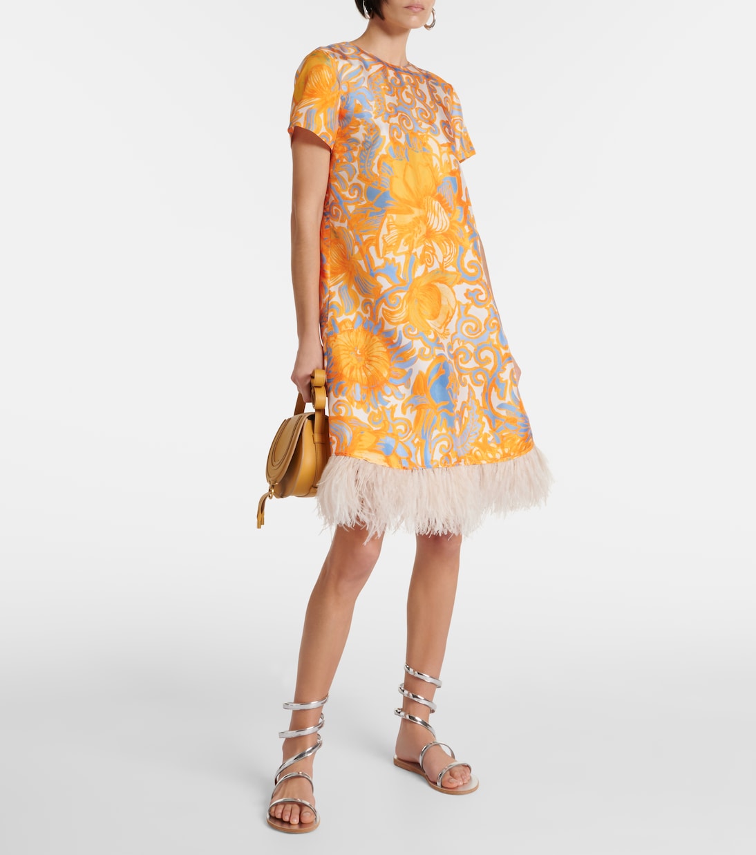 Printed feather-trimmed silk minidress | La DoubleJ