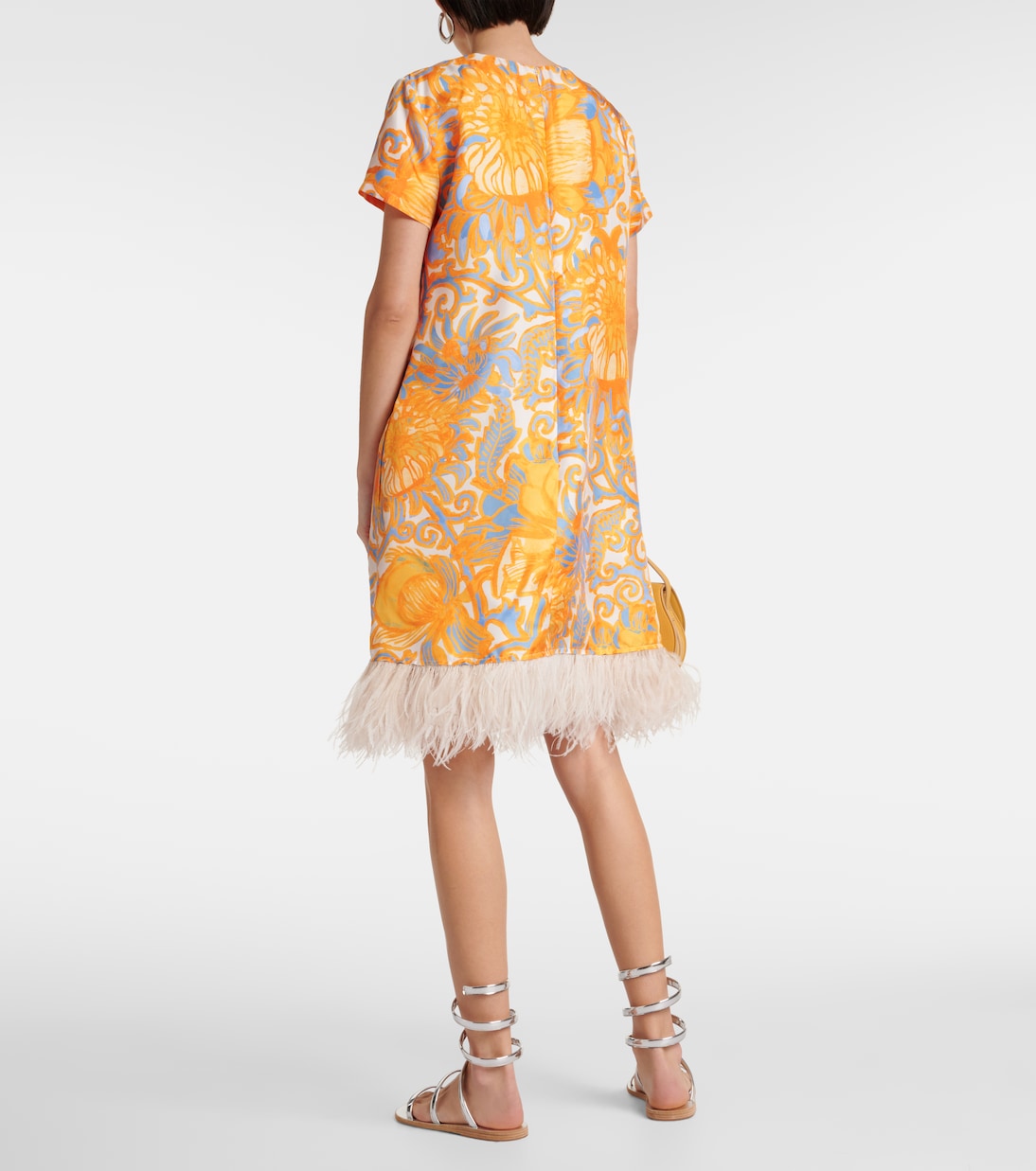 Printed feather-trimmed silk minidress | La DoubleJ