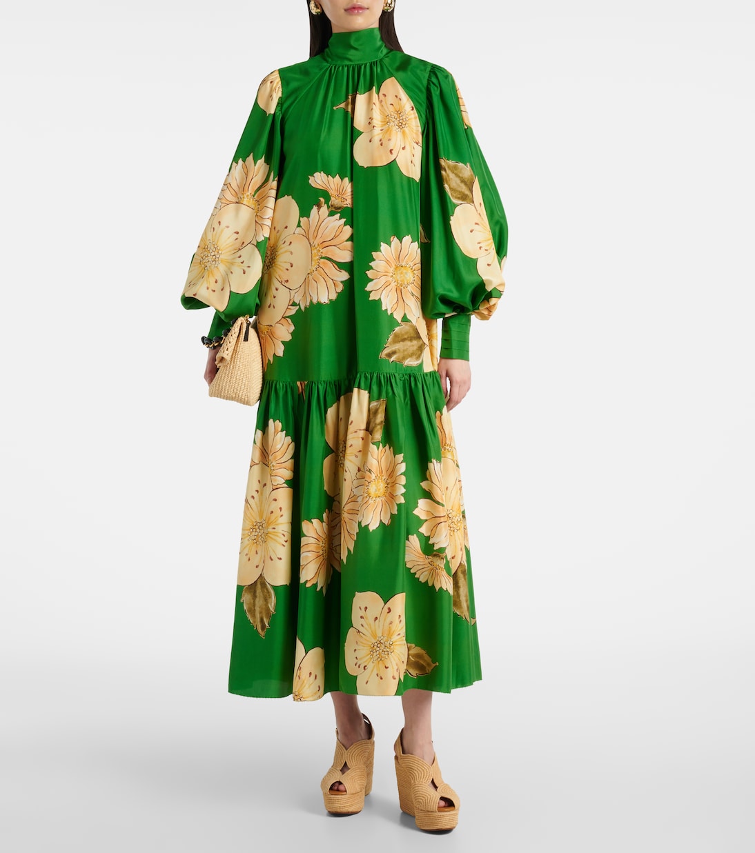 Robe midi Sage en soie à fleurs | Alémais