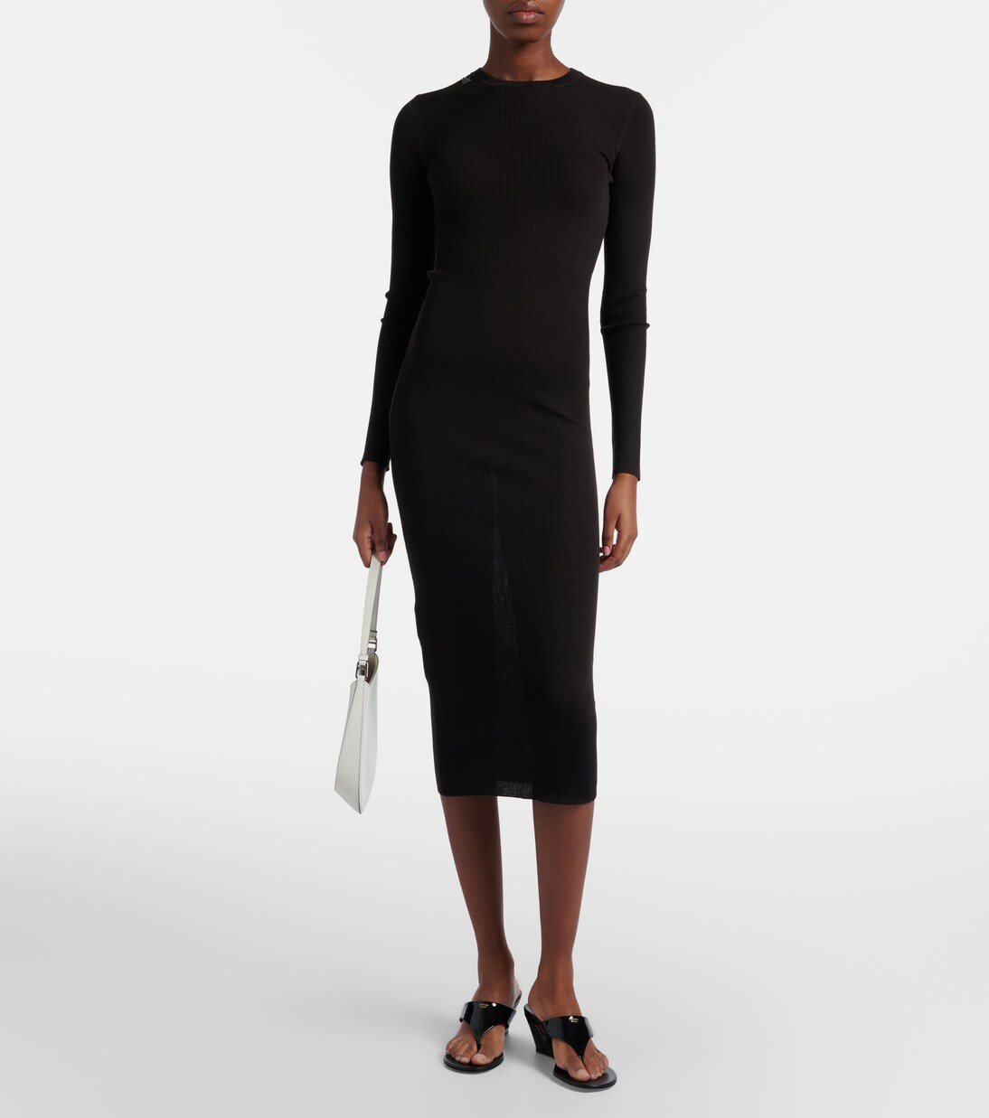 Vestido midi de lana virgen acanalado | Prada