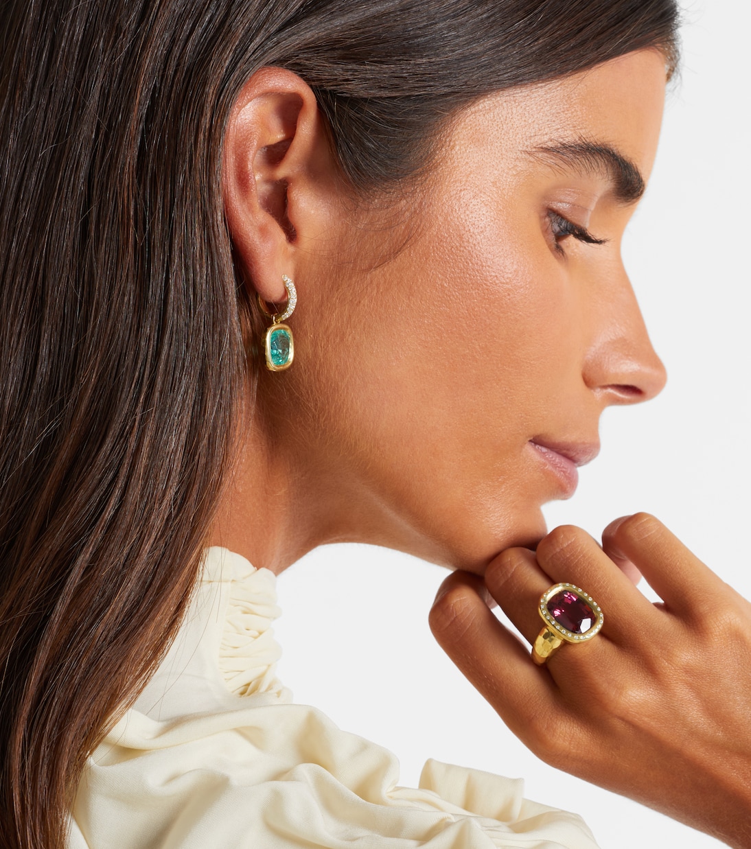 18kt gold huggie earrings with emeralds and diamonds | Octavia Elizabeth