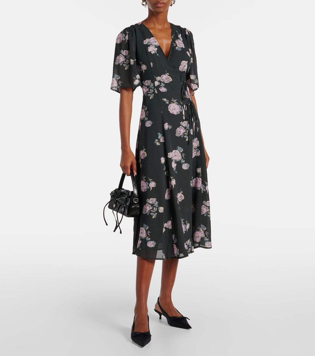 Robe portefeuille en crêpe à fleurs | Ganni
