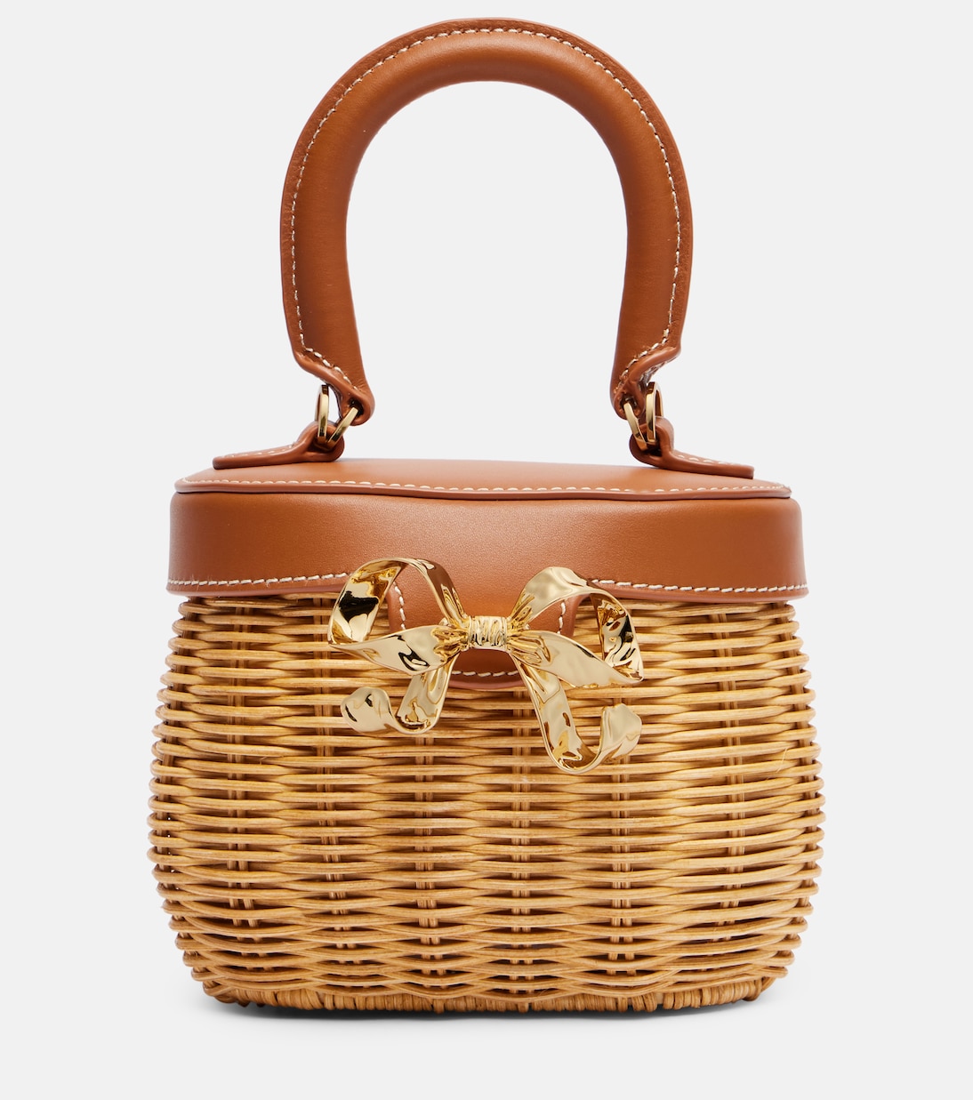 Bow leather-trimmed rattan basket bag | Self-Portrait