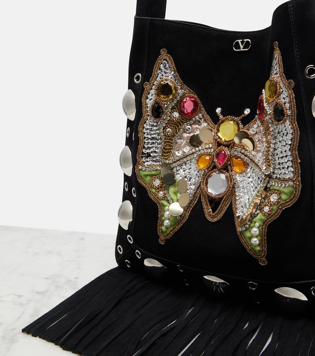 Nellcôte Medium embellished suede shoulder bag  | Valentino Garavani