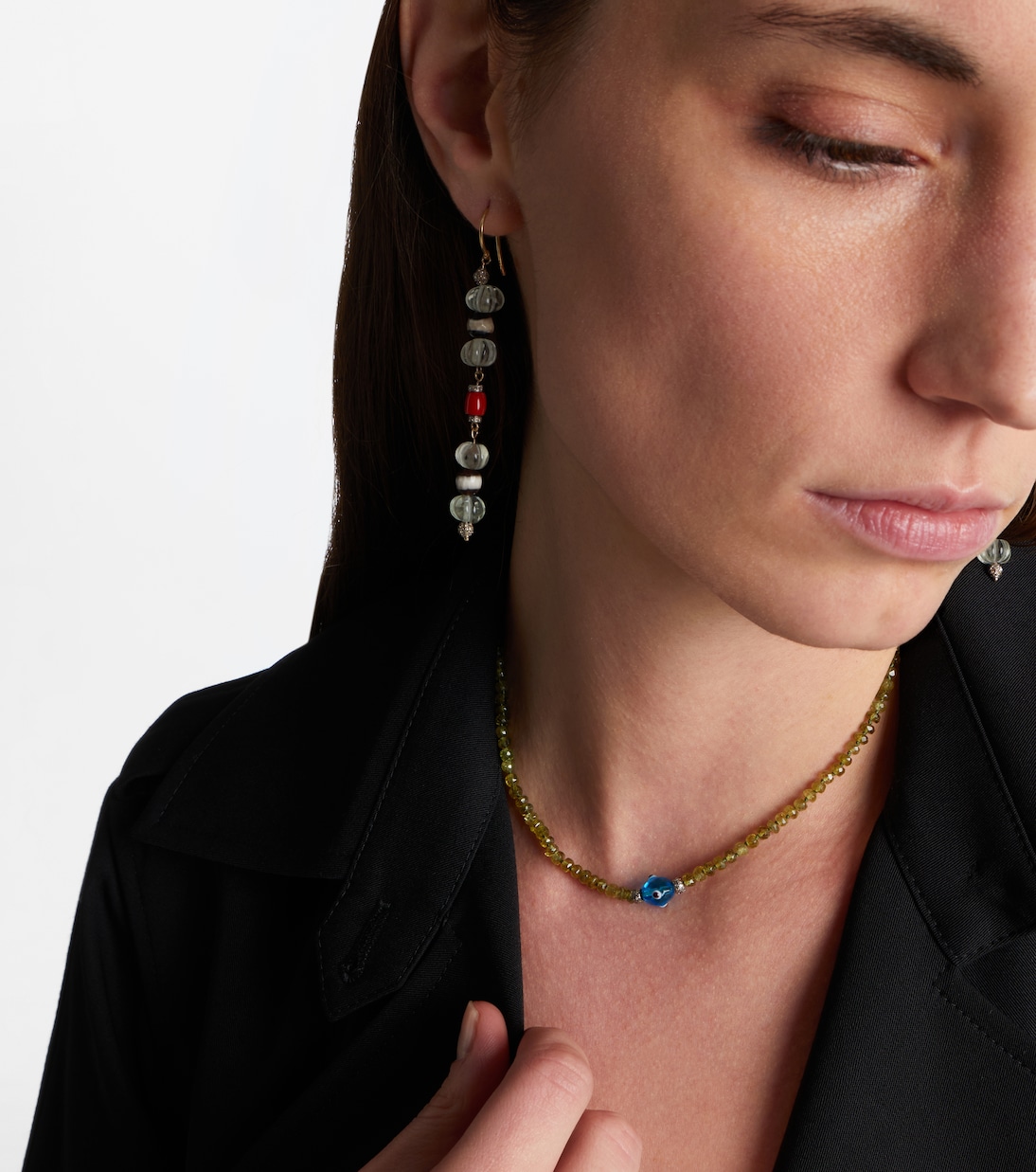 9kt white gold (375/1000) and sterling silver (925) beaded necklace with garnets and diamonds | Ileana Makri