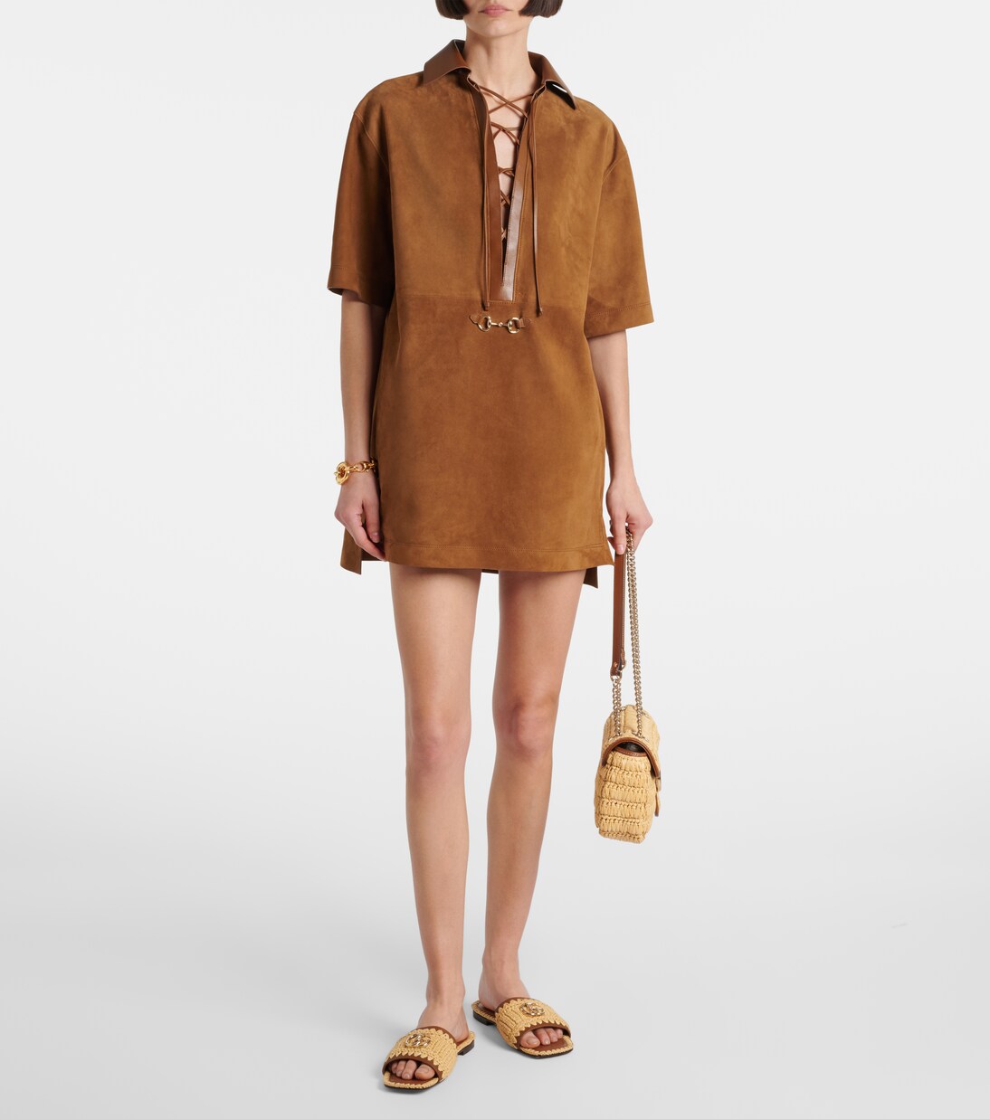 Horsebit leather-trimmed suede minidress | Gucci