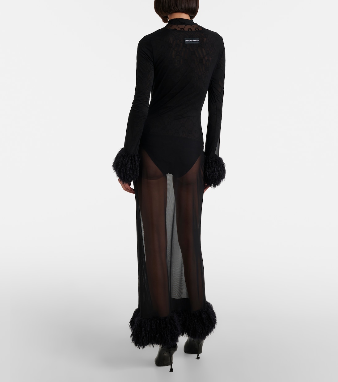 Abito lungo in mesh con piume sintetiche | Marine Serre