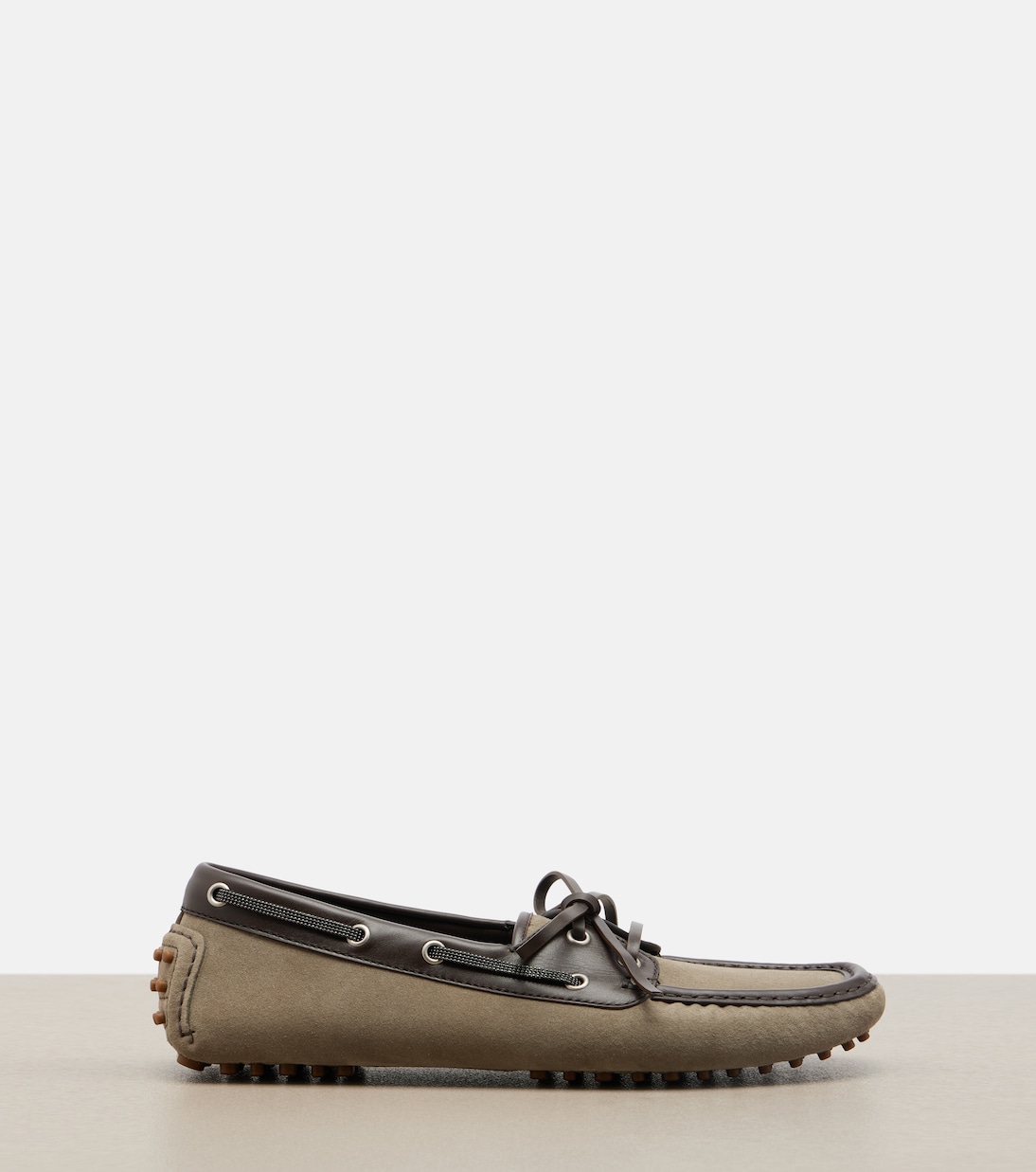 Monili leather-trimmed suede boat shoes | Brunello Cucinelli