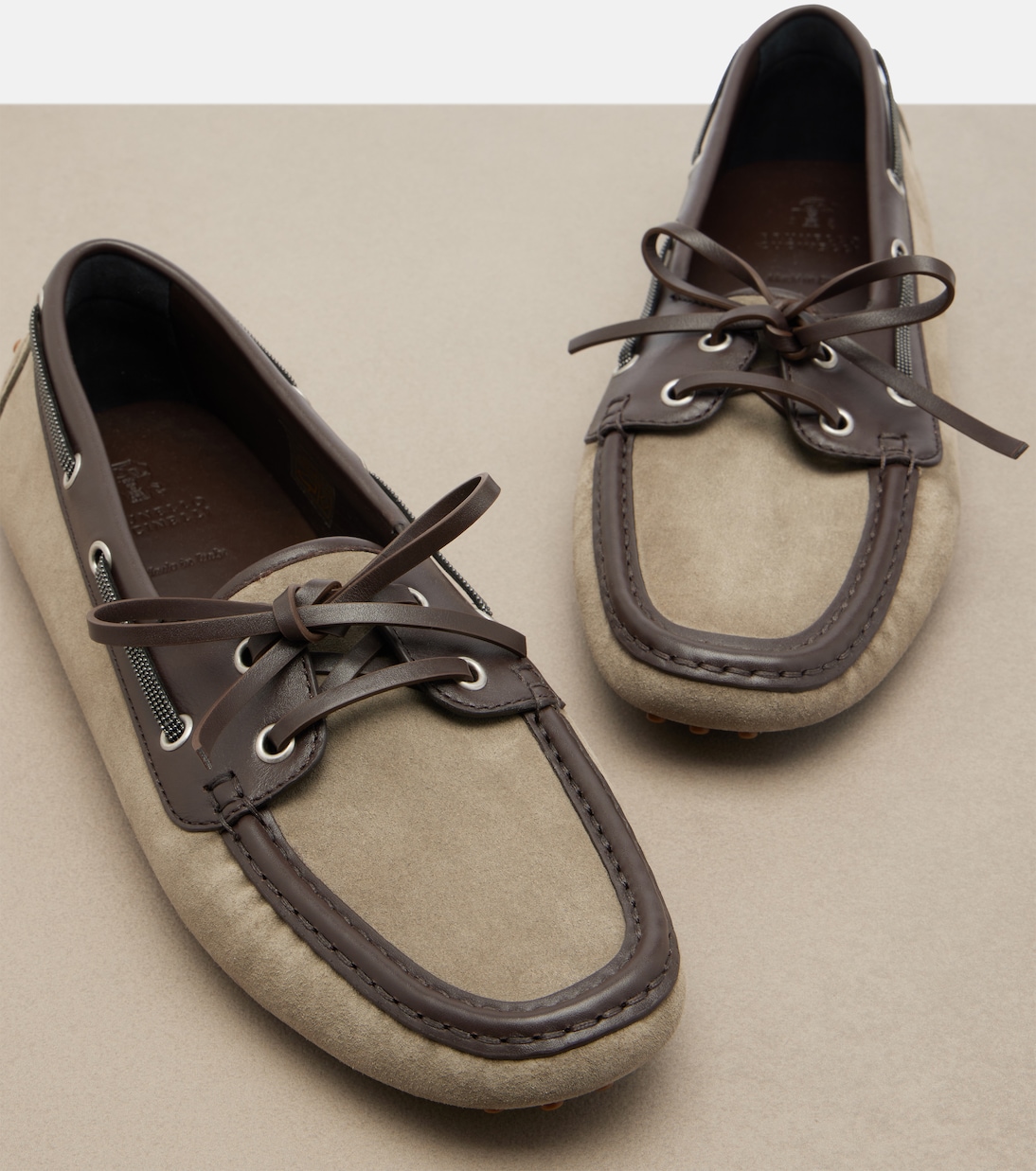 Monili leather-trimmed suede boat shoes | Brunello Cucinelli