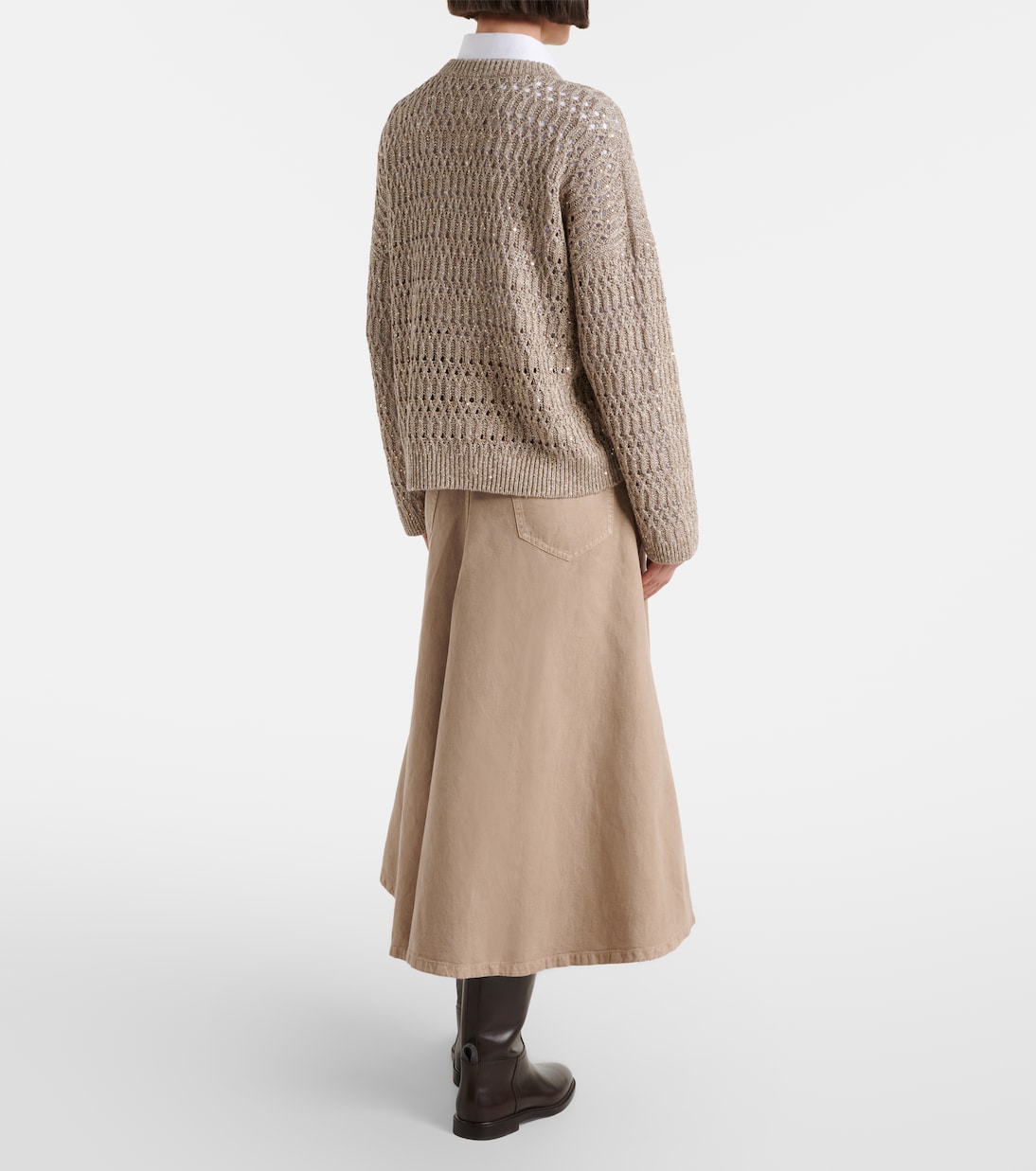 Cotton and linen denim midi skirt | Brunello Cucinelli