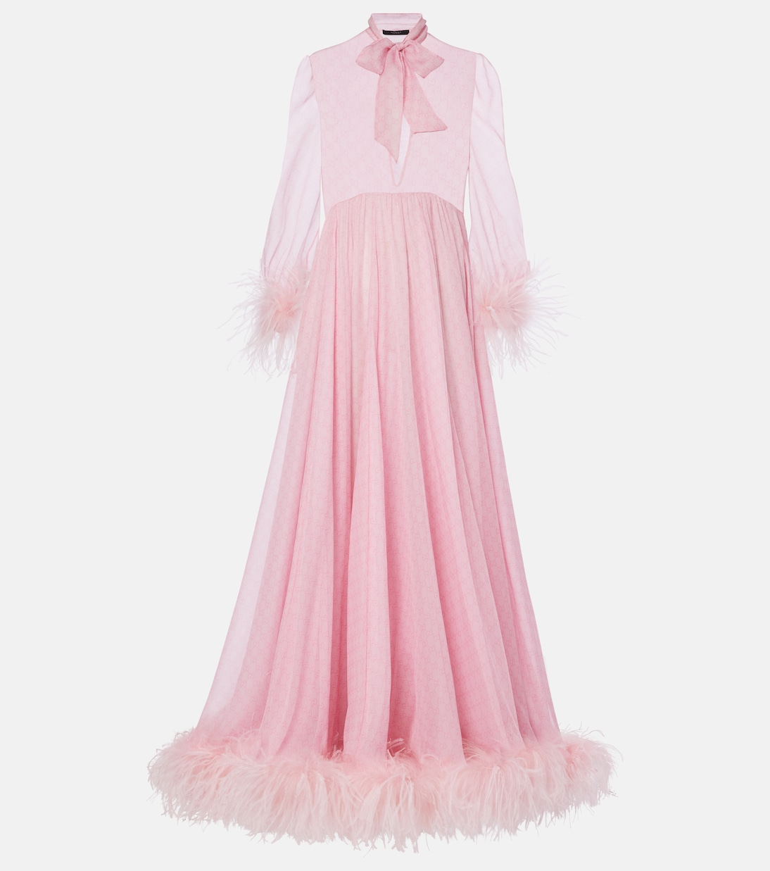 GG feather-trimmed silk chiffon gown | Gucci