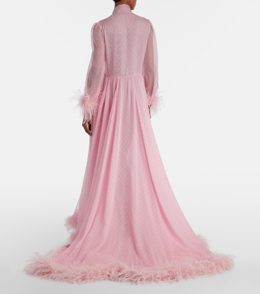 GG feather-trimmed silk chiffon gown | Gucci