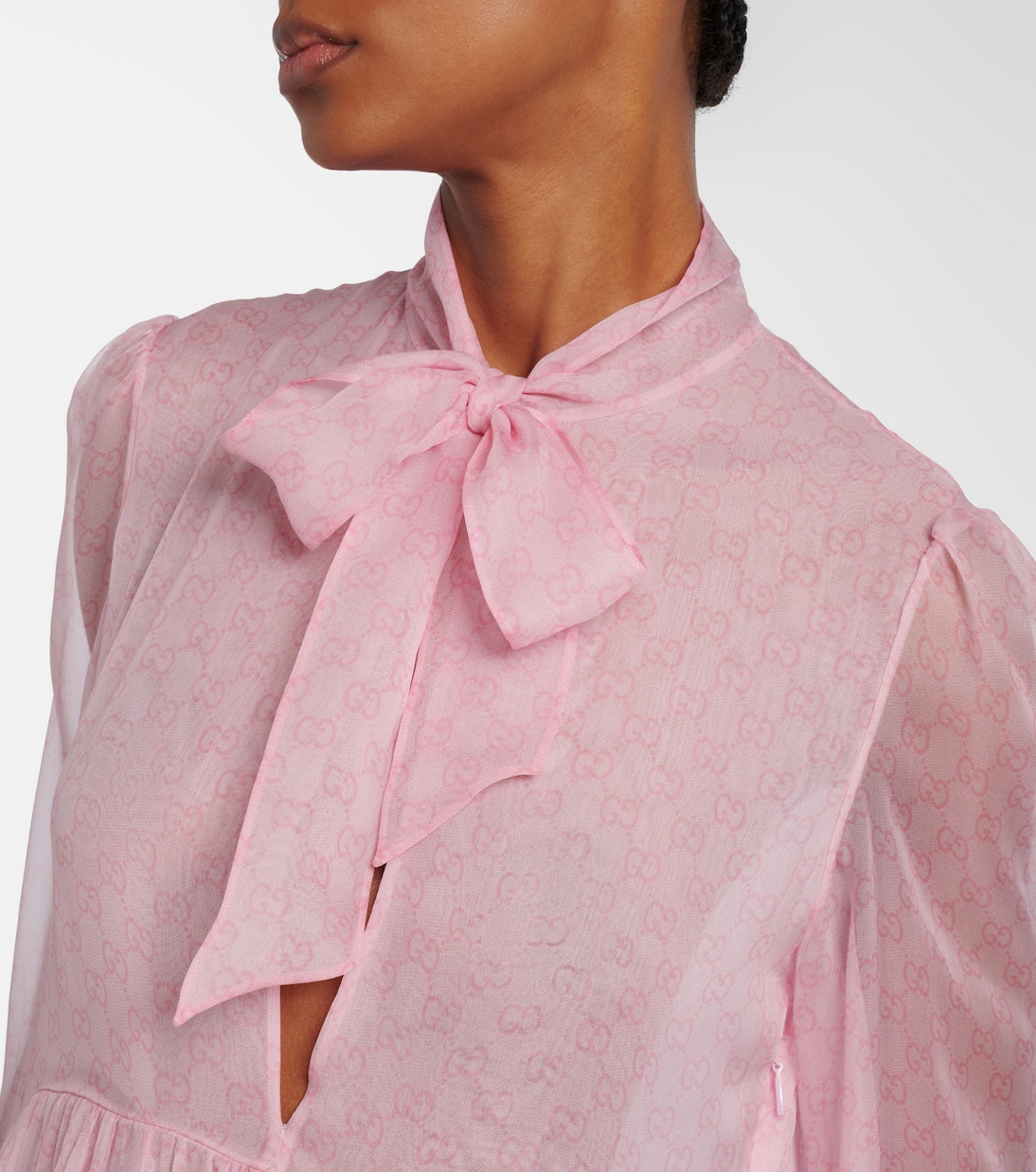 GG feather-trimmed silk chiffon gown | Gucci