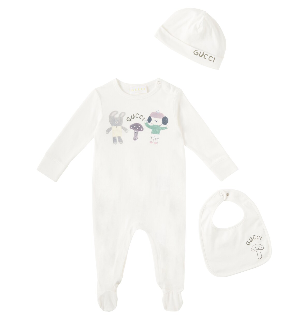 Baby printed onesie, bib, and beanie set | Gucci Kids