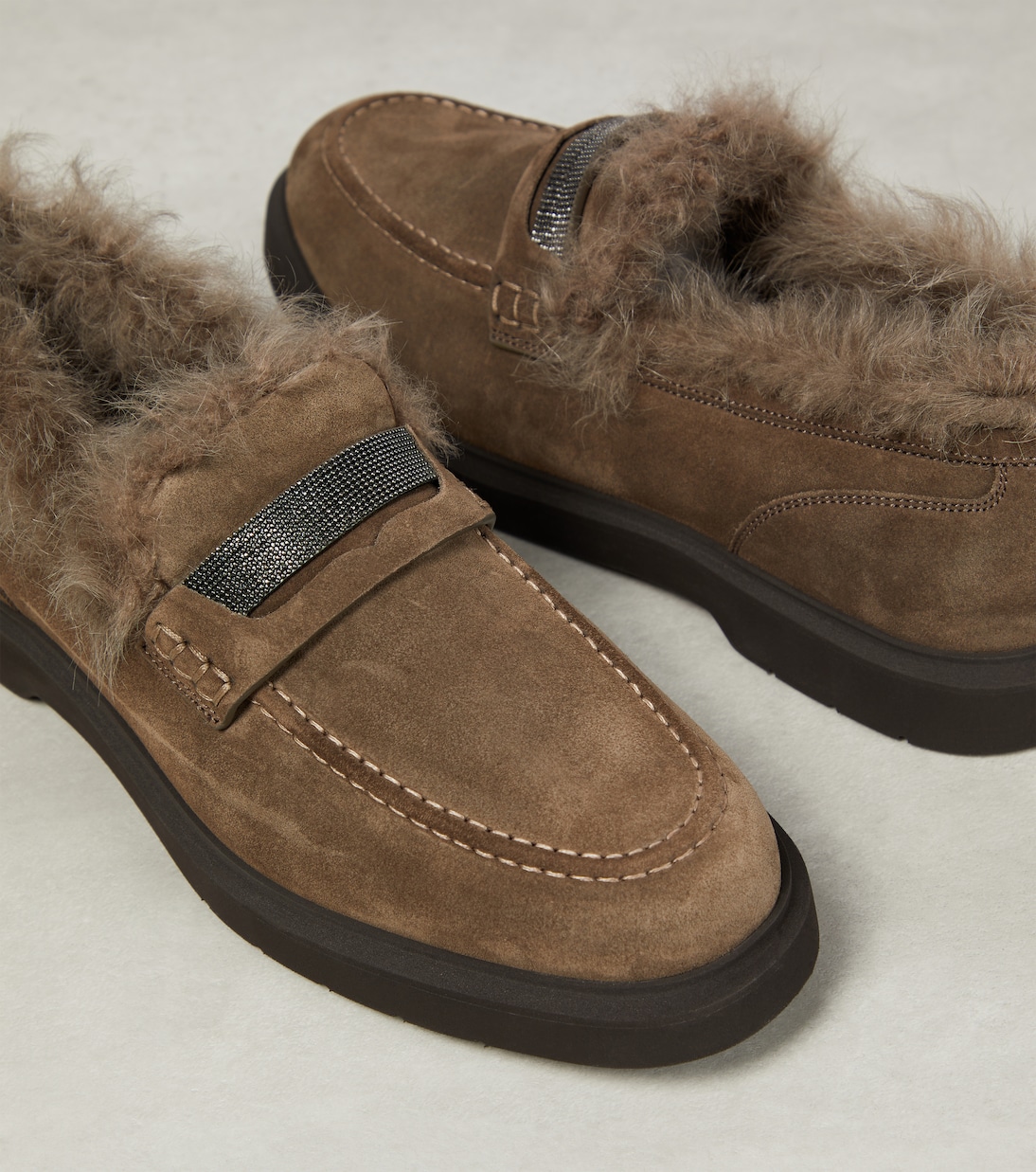 Monili shearling-trimmed suede loafers | Brunello Cucinelli
