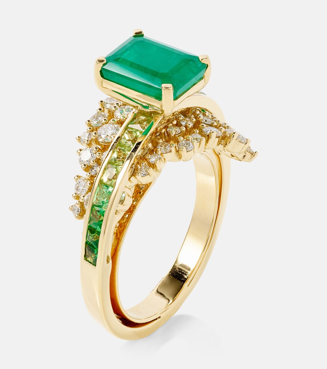 Anello in oro 18kt con sfera di smeraldo e diamanti, design moderno per giovani