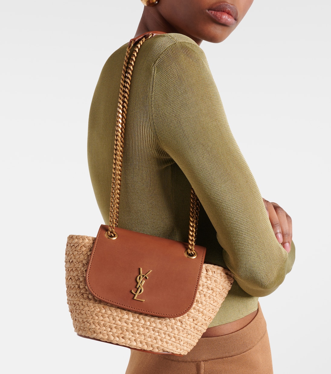 Manon Mini raffia and leather shoulder bag | Saint Laurent