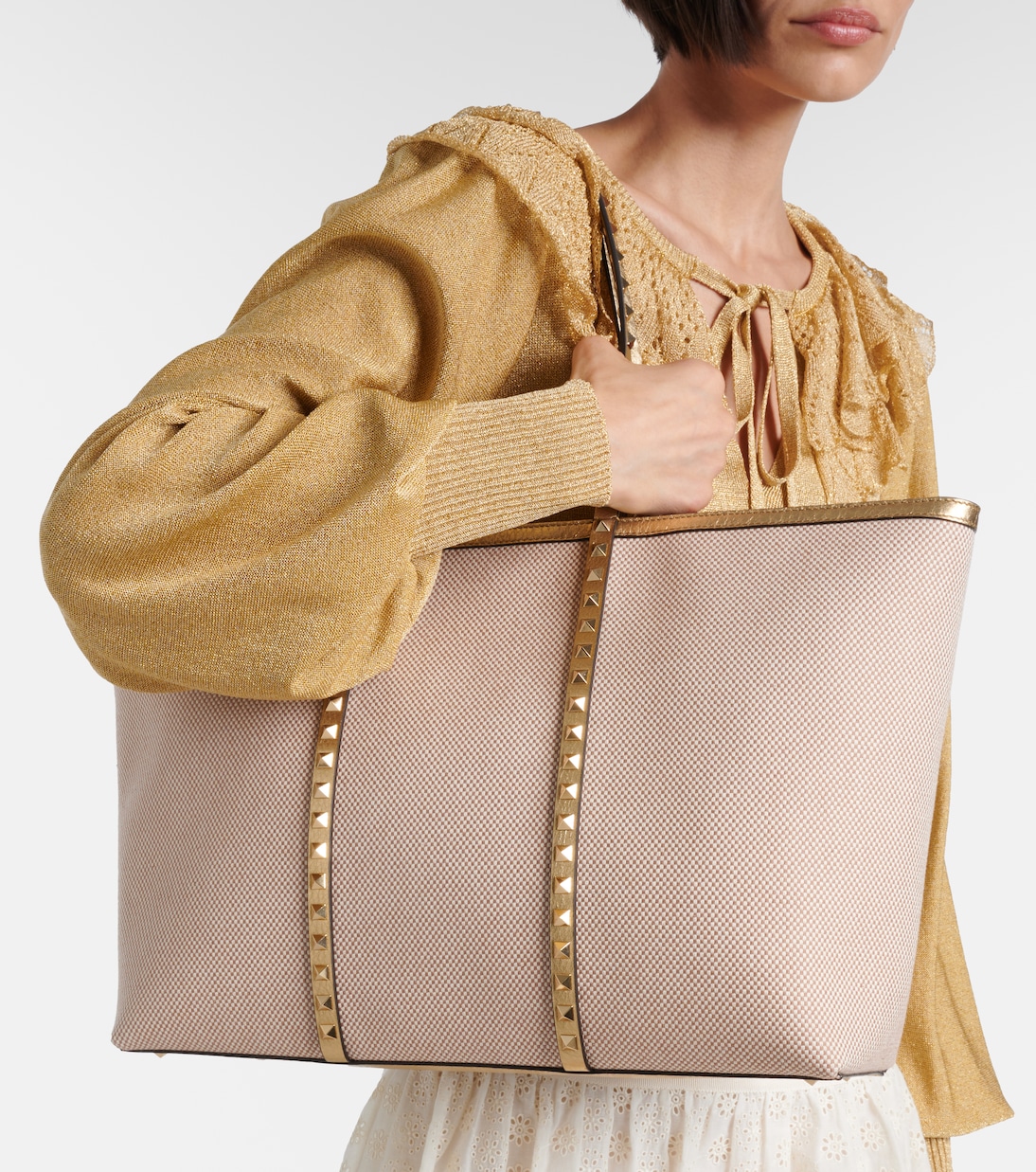 Rockstud Large leather and canvas tote bag | Valentino Garavani
