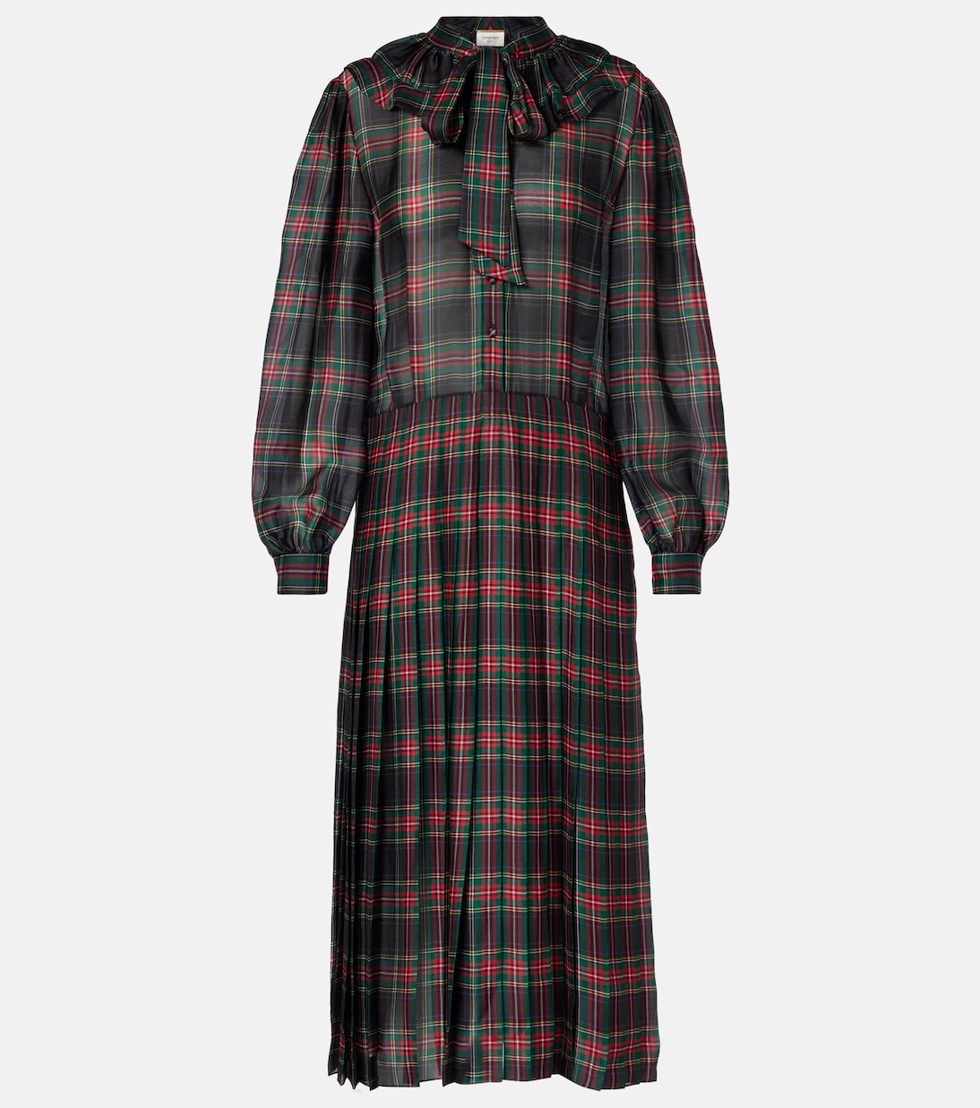 Checked pleated silk charmeuse midi dress | Saint Laurent