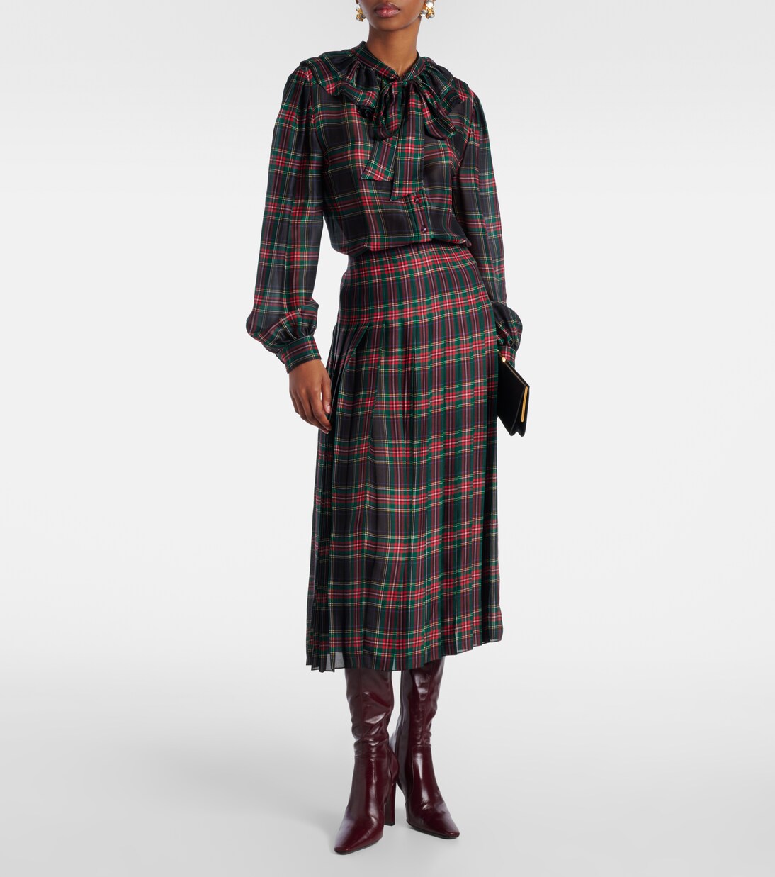 Checked pleated silk charmeuse midi dress | Saint Laurent