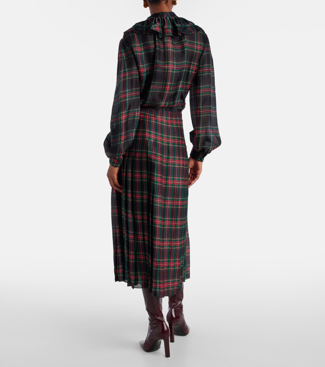 Checked pleated silk charmeuse midi dress | Saint Laurent