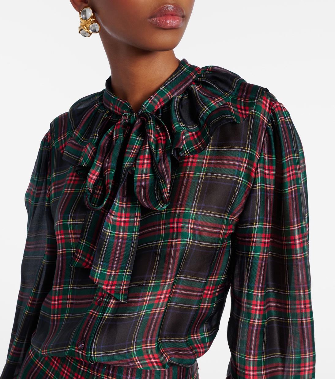 Checked pleated silk charmeuse midi dress | Saint Laurent