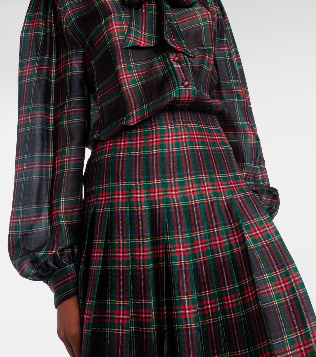 Checked pleated silk charmeuse midi dress | Saint Laurent
