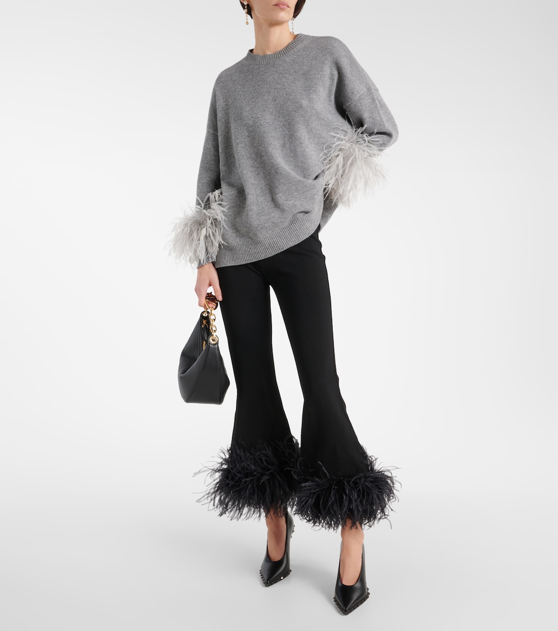 Feather-trimmed high-rise flared pants | Valentino