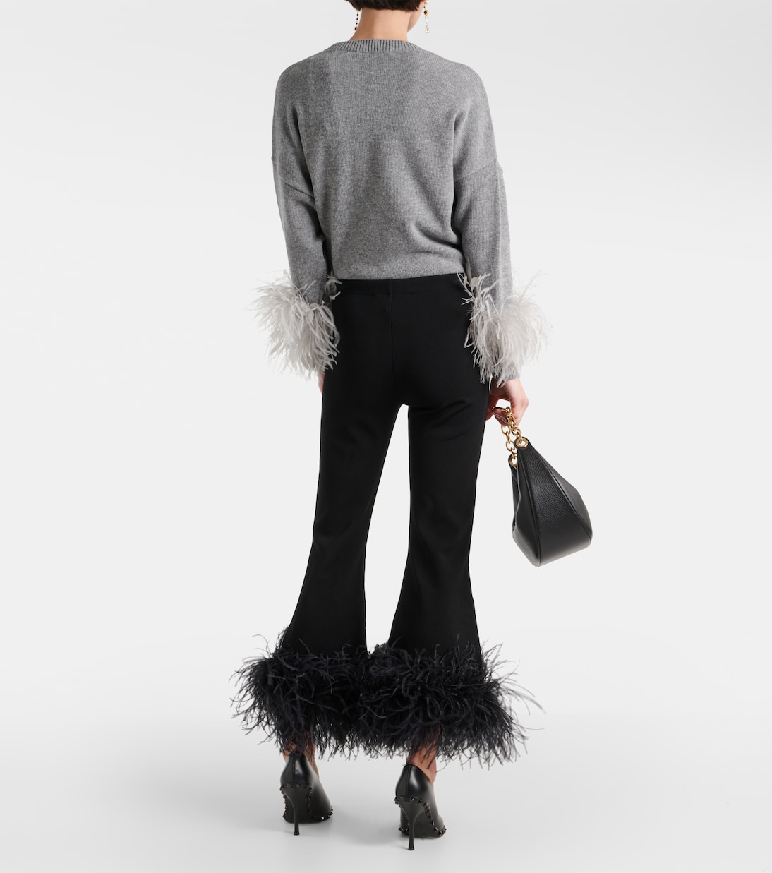 Feather-trimmed high-rise flared pants | Valentino