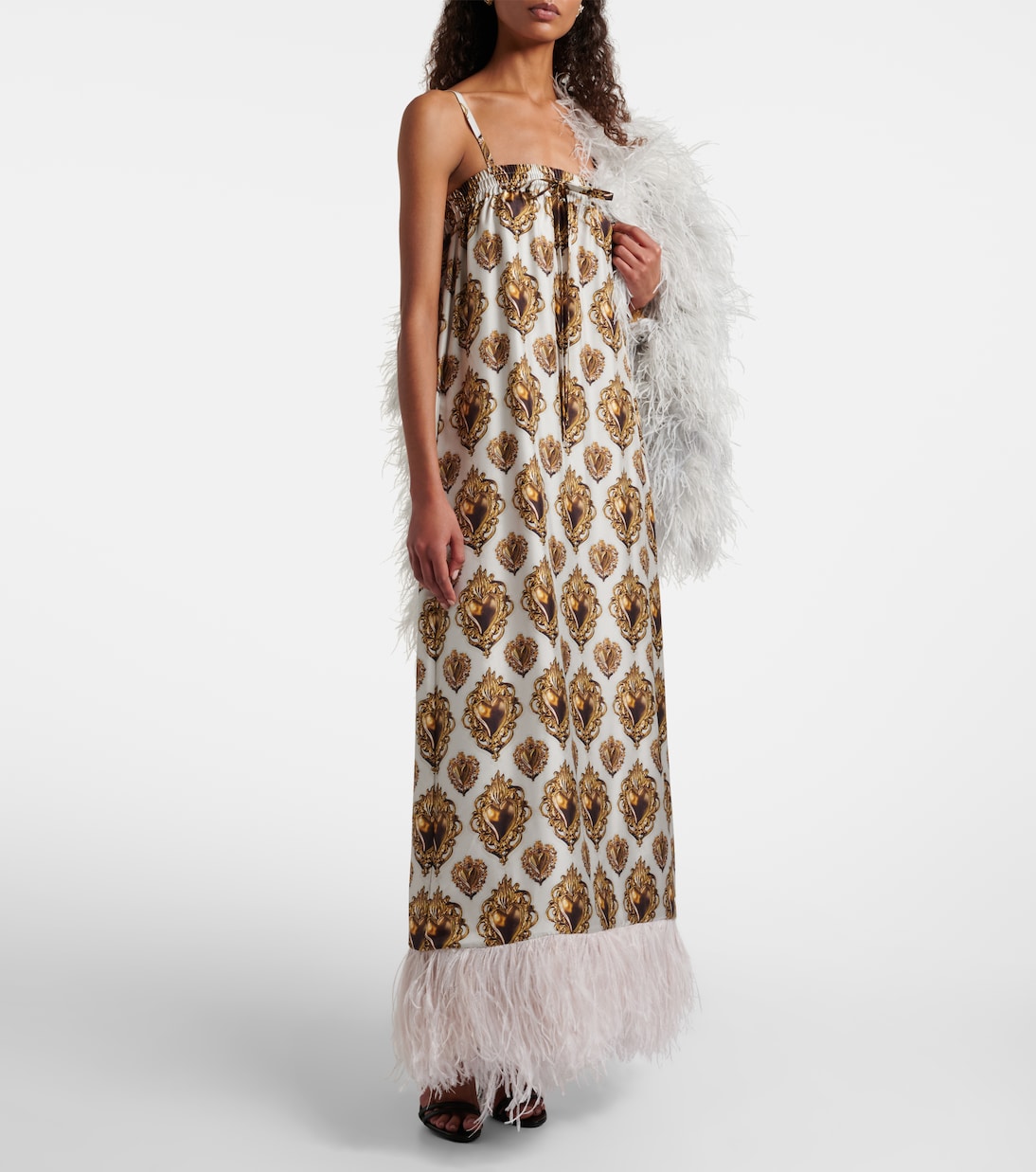 Feather-trimmed printed silk maxi dress | Dolce&Gabbana