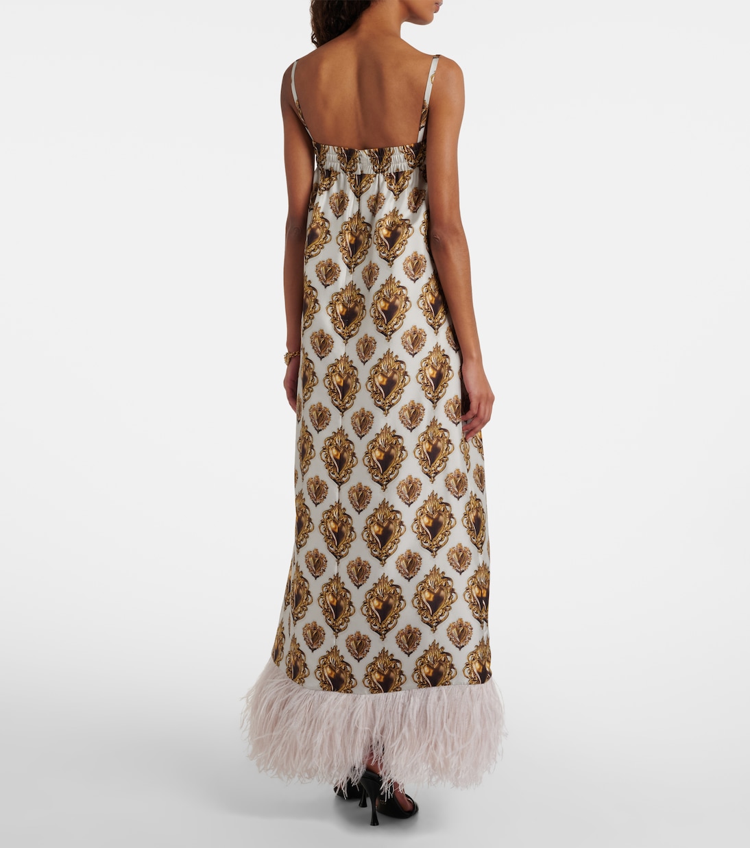 Feather-trimmed printed silk maxi dress | Dolce&Gabbana