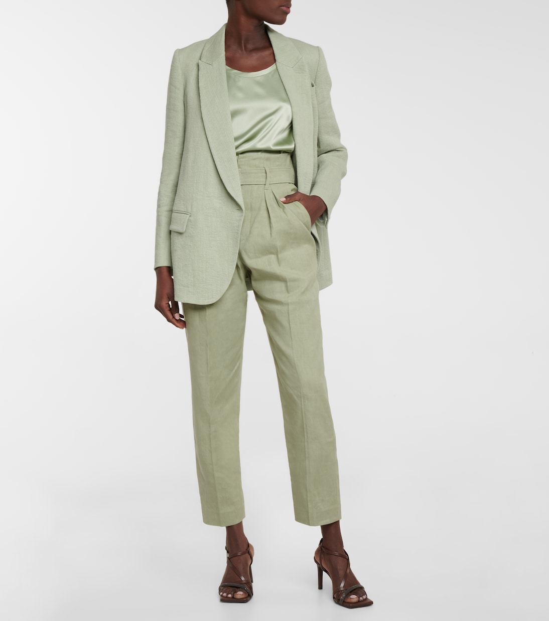 High-rise linen-blend paperbag pants | Brunello Cucinelli