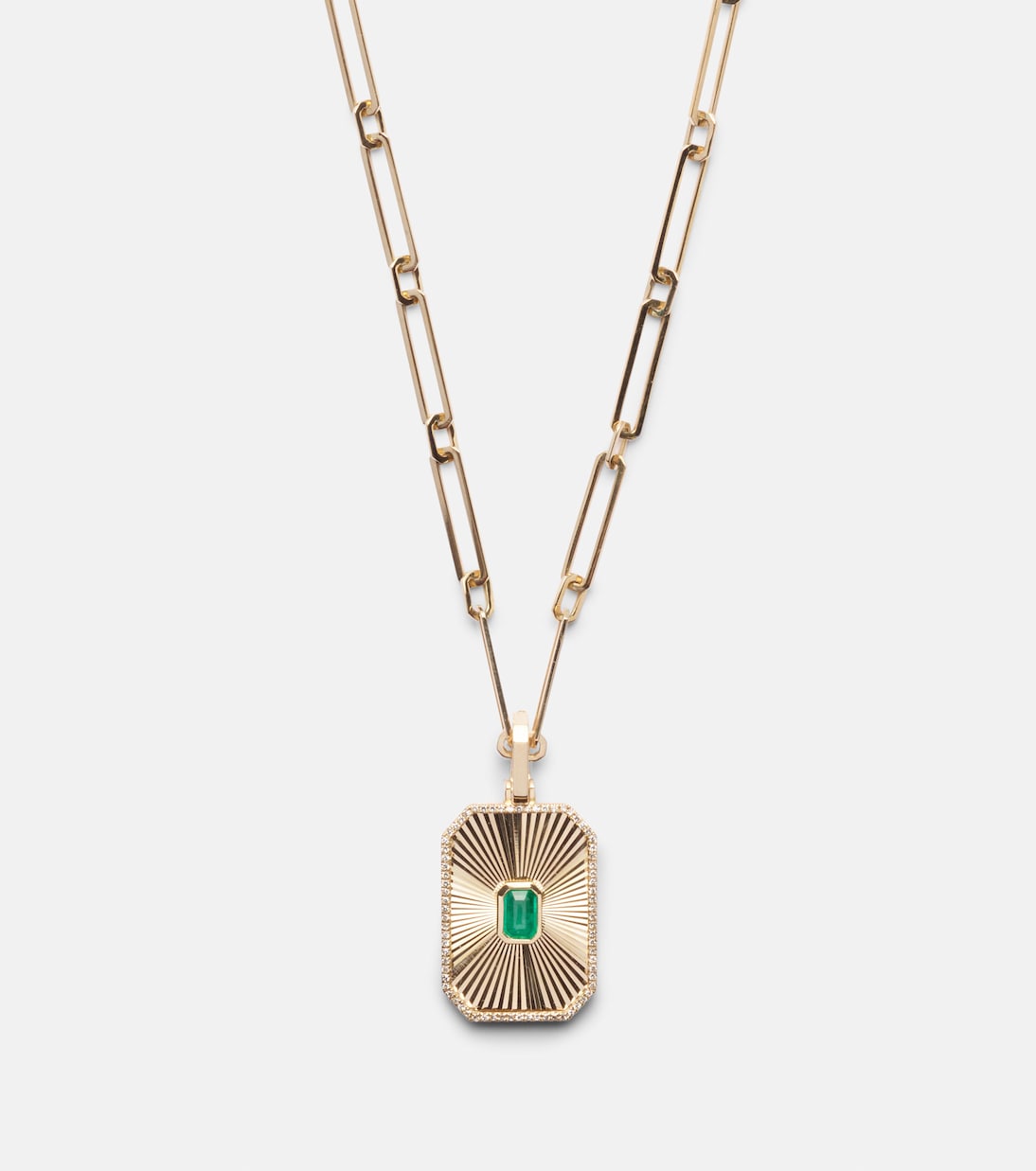 Collana pendente in oro 18kt stile Deco con smeraldo e diamanti, gioiello chic per giovani