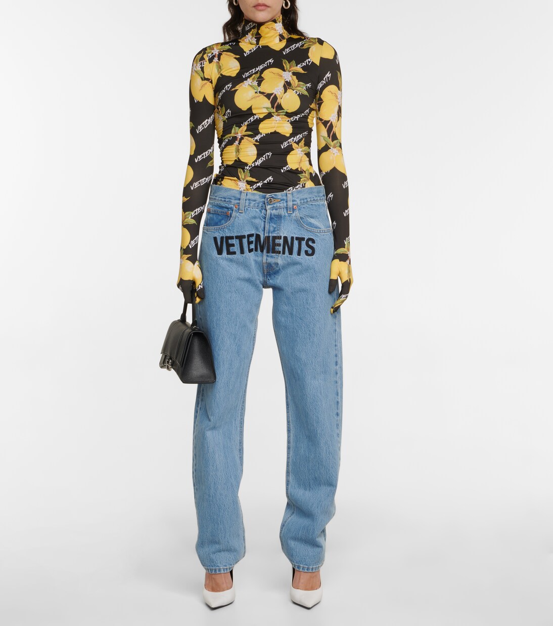 Printed jersey turtleneck top with gloves | Vetements