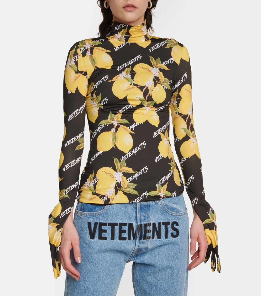 Printed jersey turtleneck top with gloves | Vetements