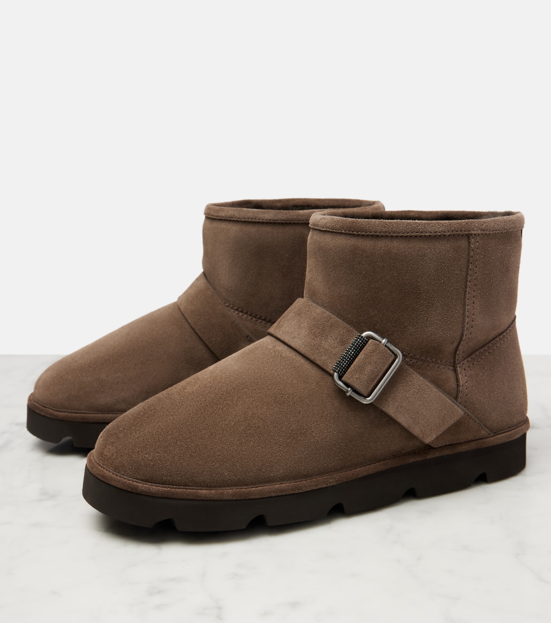 Ankle Boots aus Veloursleder mit Shearling | Brunello Cucinelli