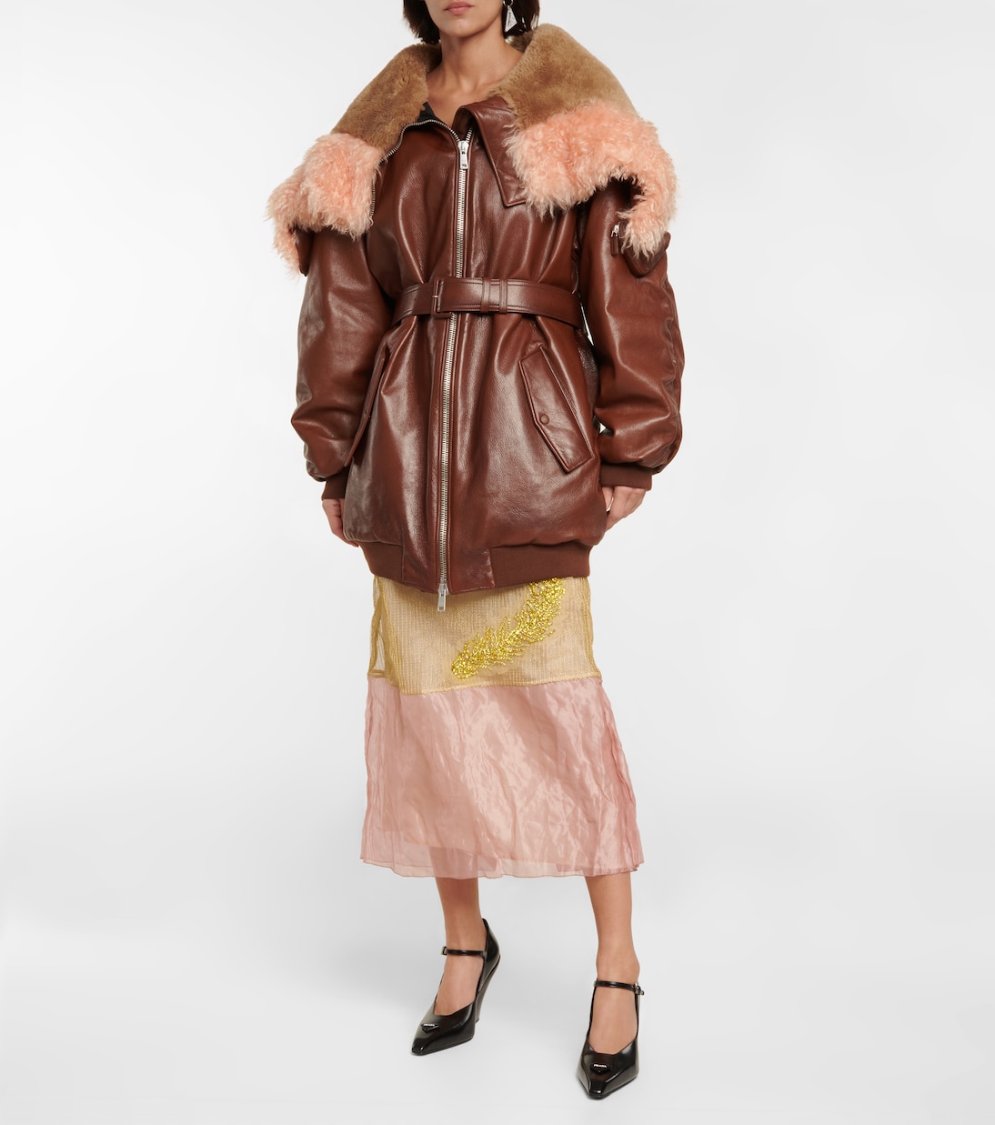 Mantel aus Leder mit Shearling | Prada