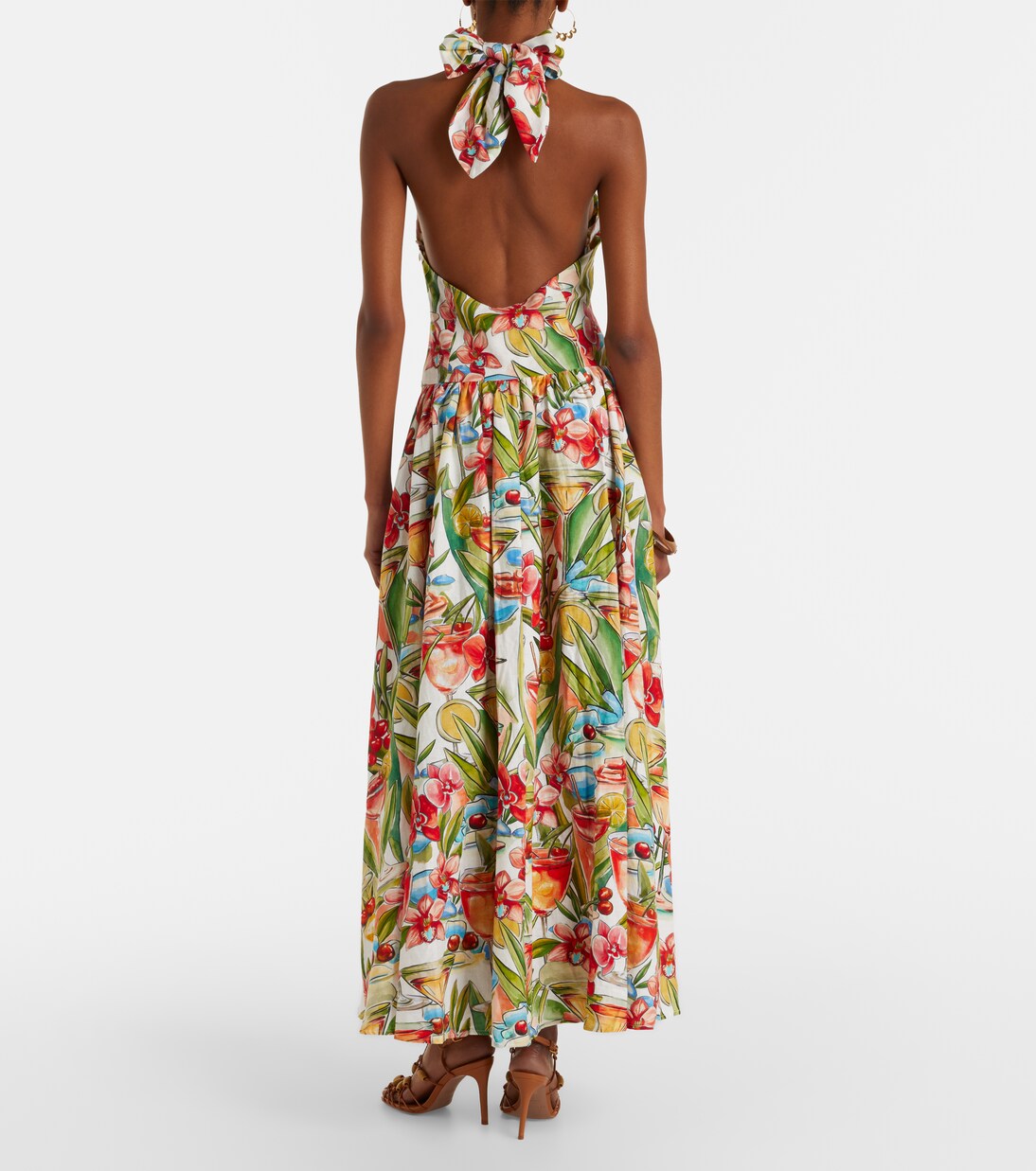 فستان طويل بياقة هالتر من الكتّان المخلوط بطبعات الورود | Farm Rio