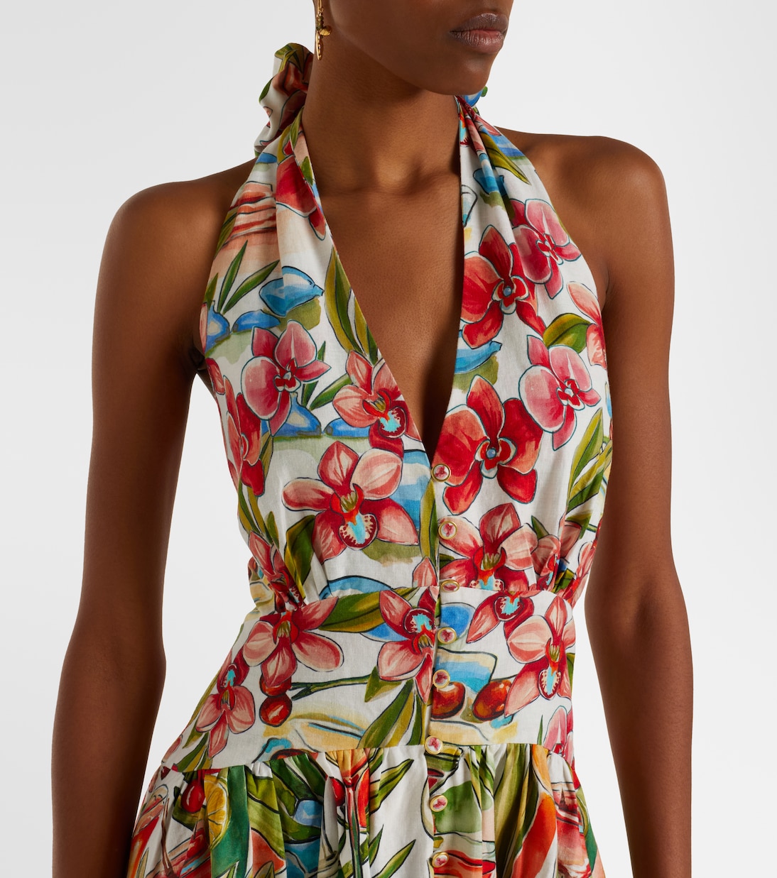 فستان طويل بياقة هالتر من الكتّان المخلوط بطبعات الورود | Farm Rio