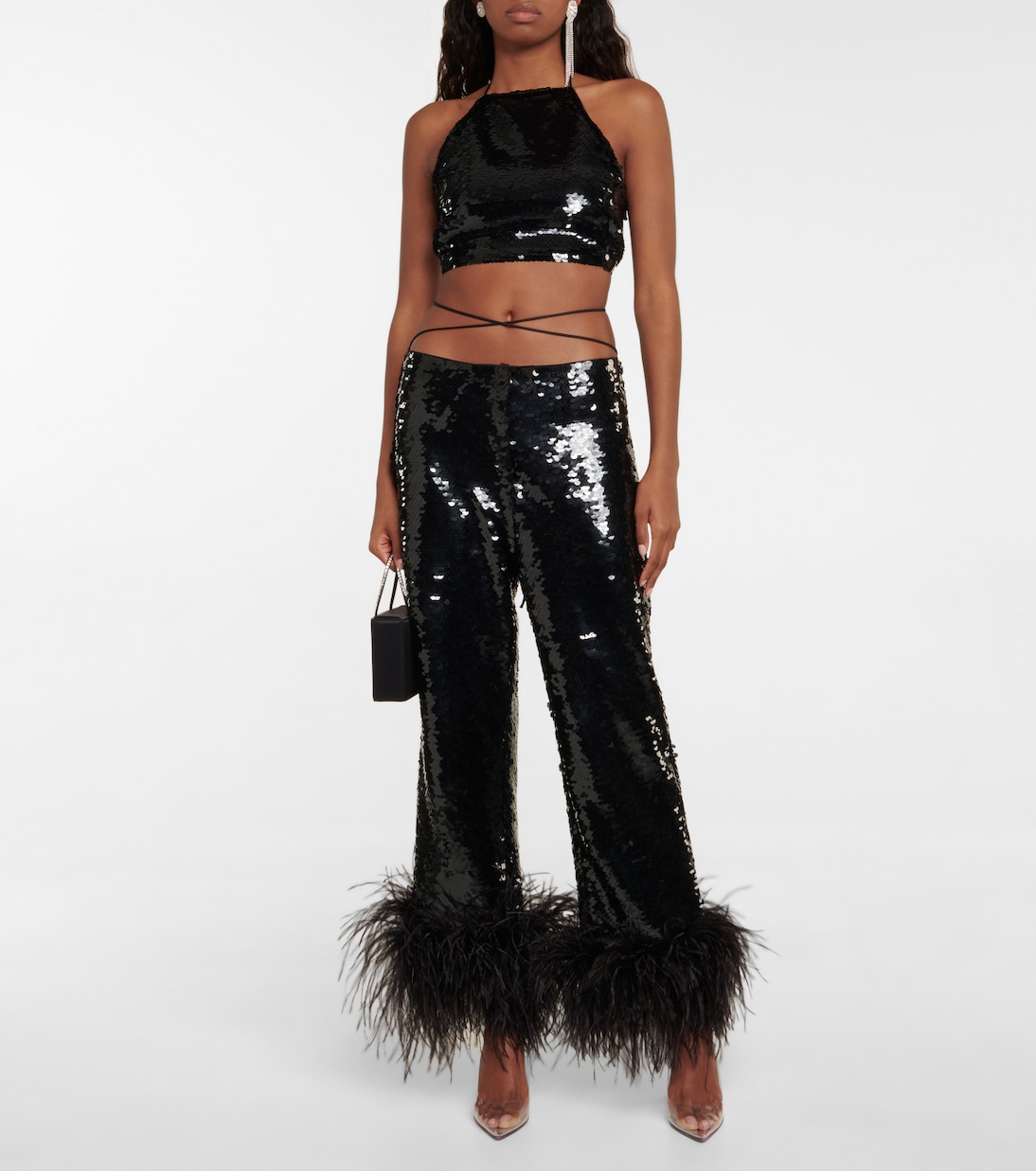 Feather-trimmed sequined straight pants | Magda Butrym