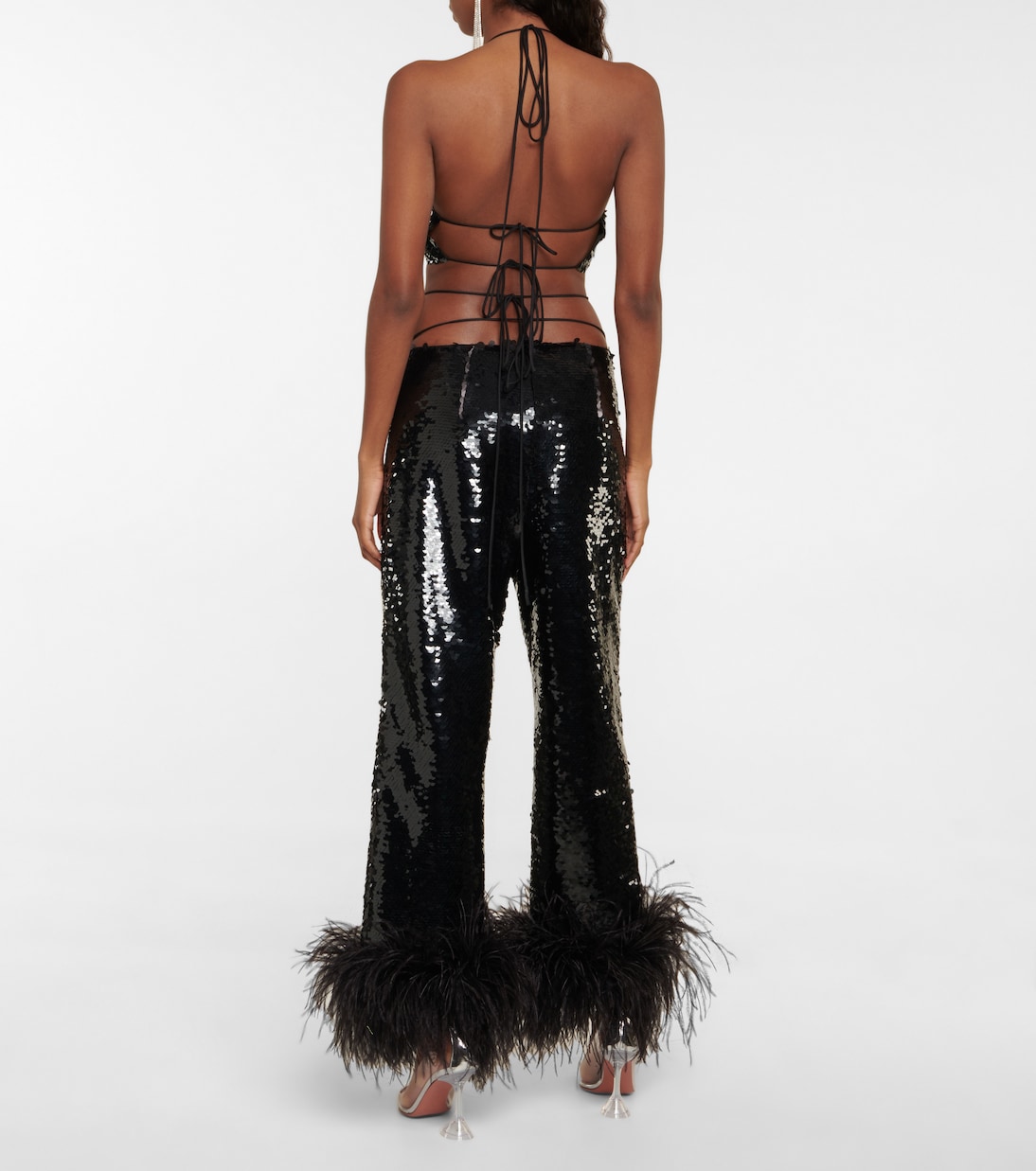 Feather-trimmed sequined straight pants | Magda Butrym