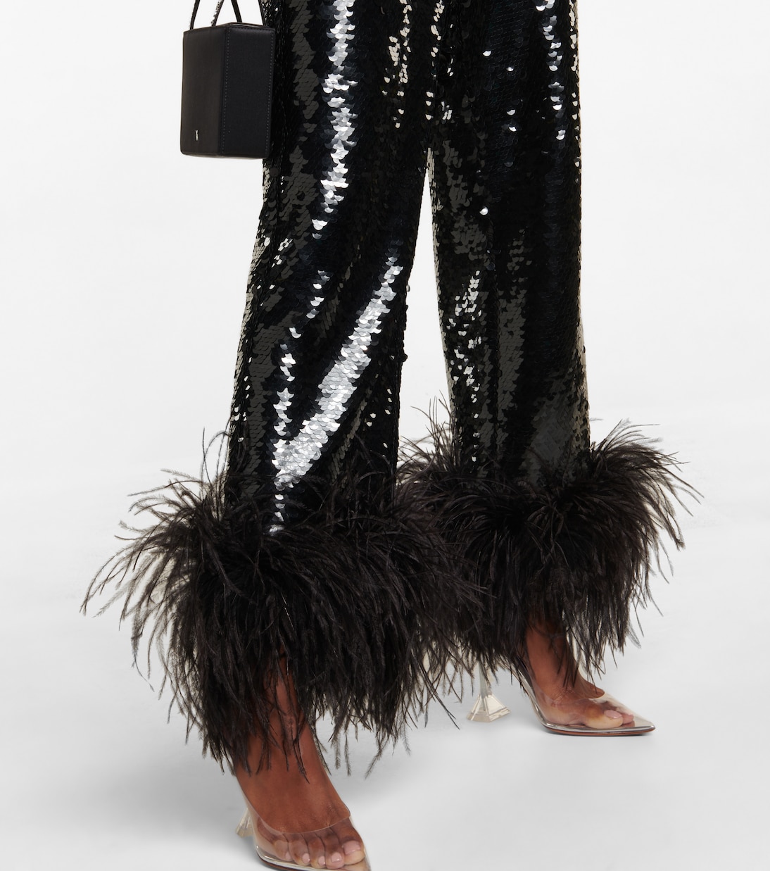 Feather-trimmed sequined straight pants | Magda Butrym
