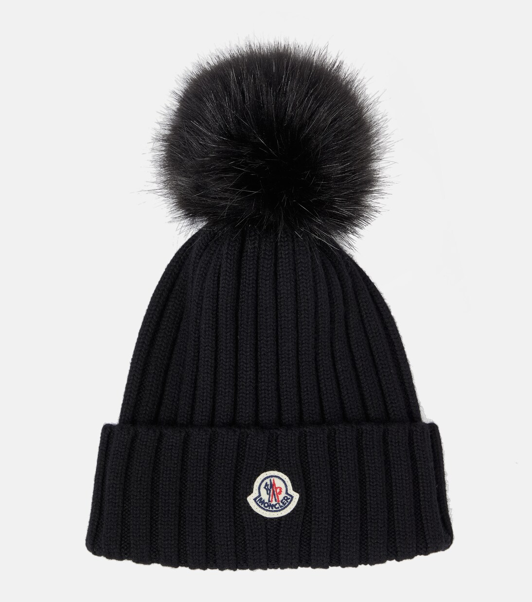 Logo faux fur trimmed wool beanie in black Moncler Mytheresa