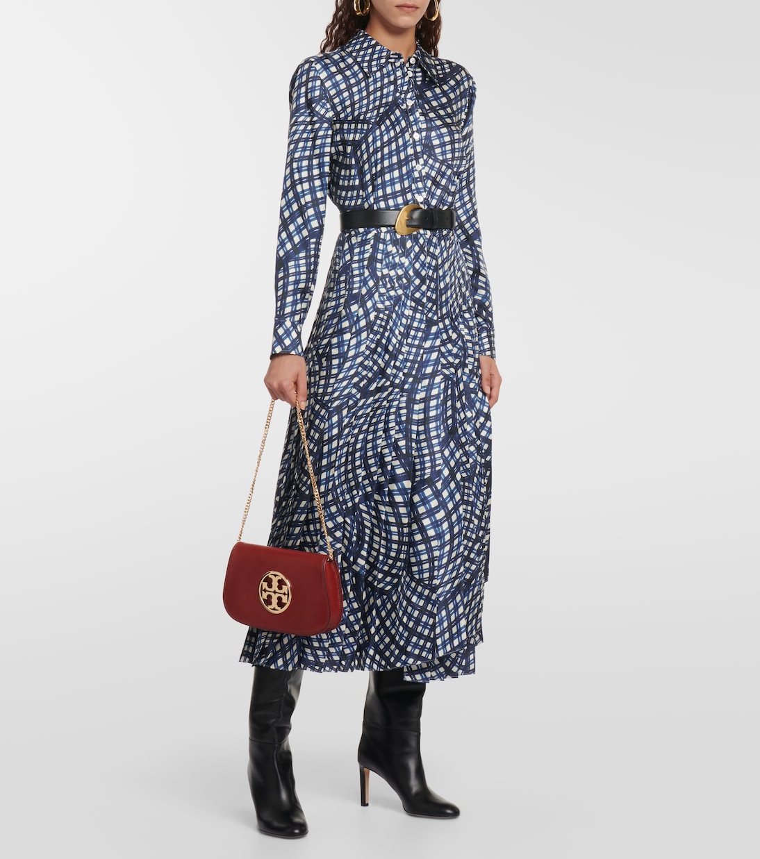 Checked pleated silk shirt dress | Tory Burch