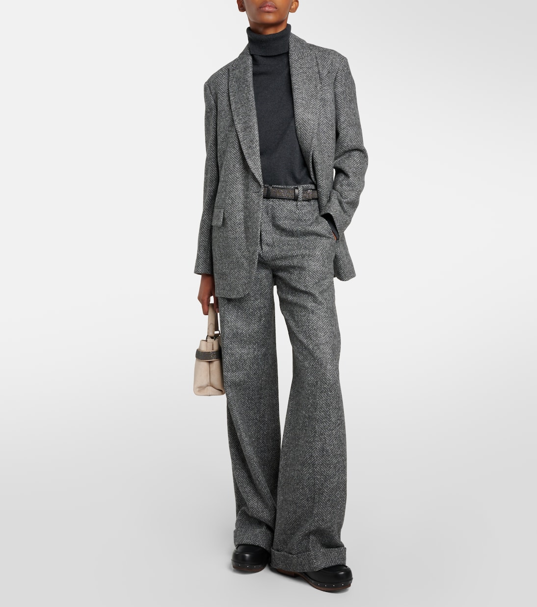 Herringbone wool-blend flared pants | Brunello Cucinelli