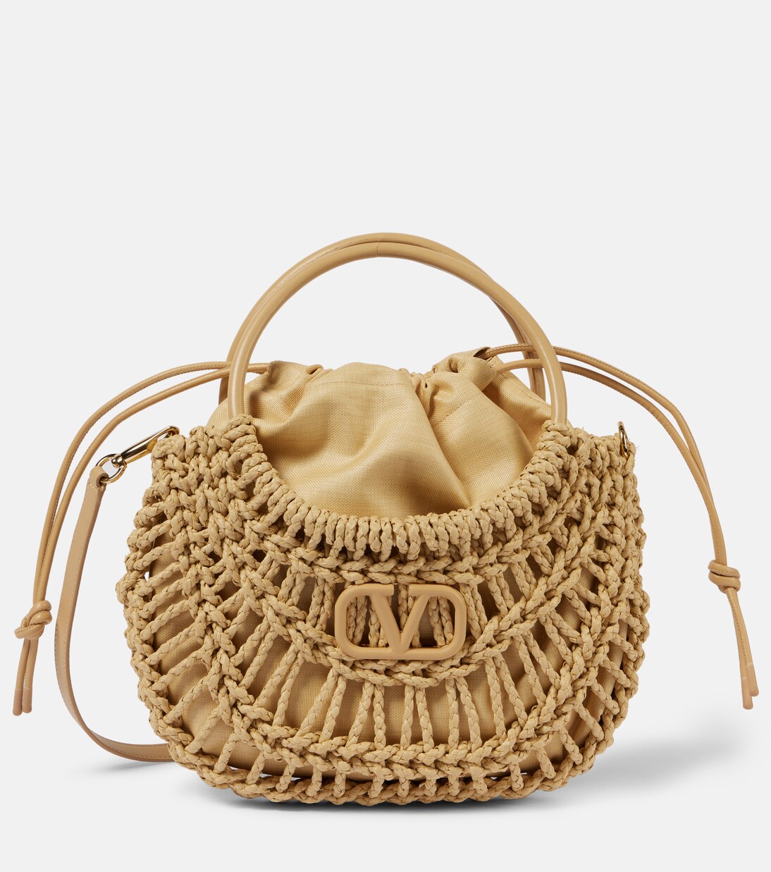 VLogo Signature raffia effect bucket bag in beige Valentino Garavani Mytheresa