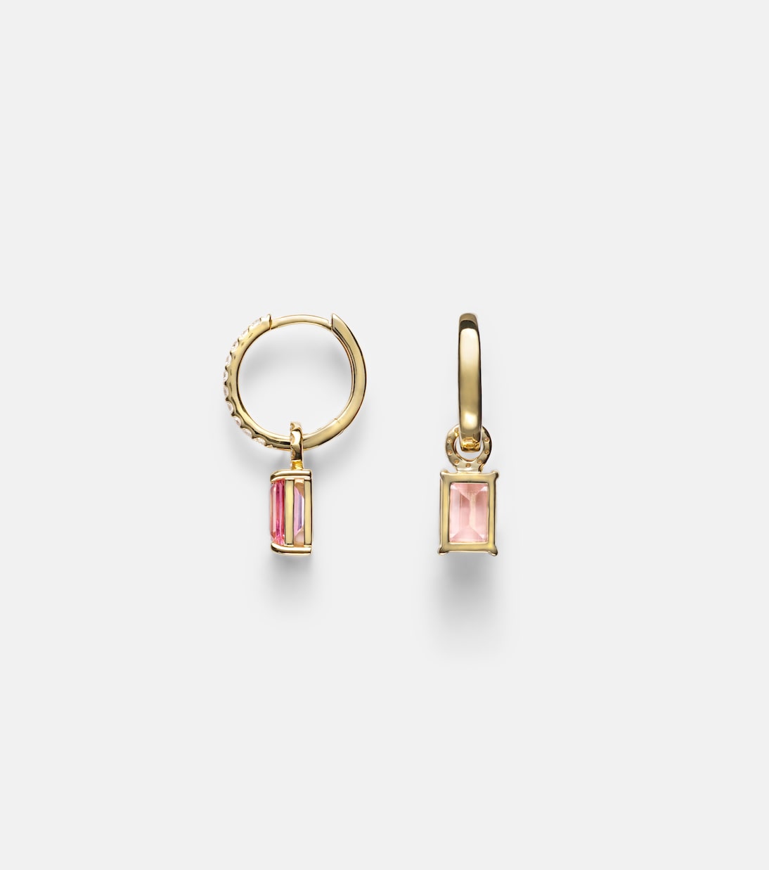 14kt gold huggie earrings with tourmaline and diamonds | Stone and Strand