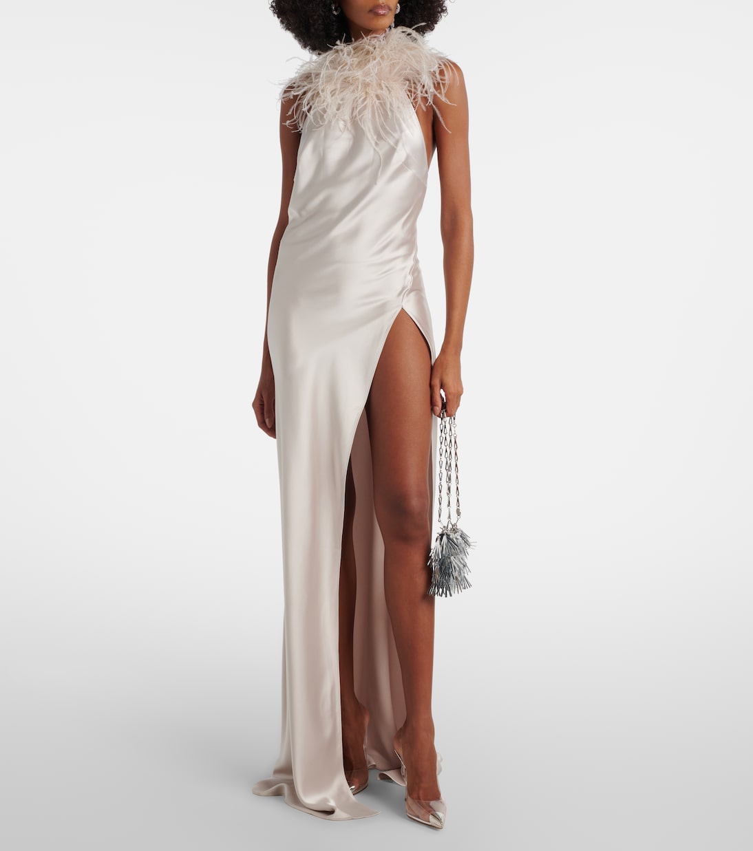 Jazzy feather-trimmed satin gown | The New Arrivals Ilkyaz Ozel