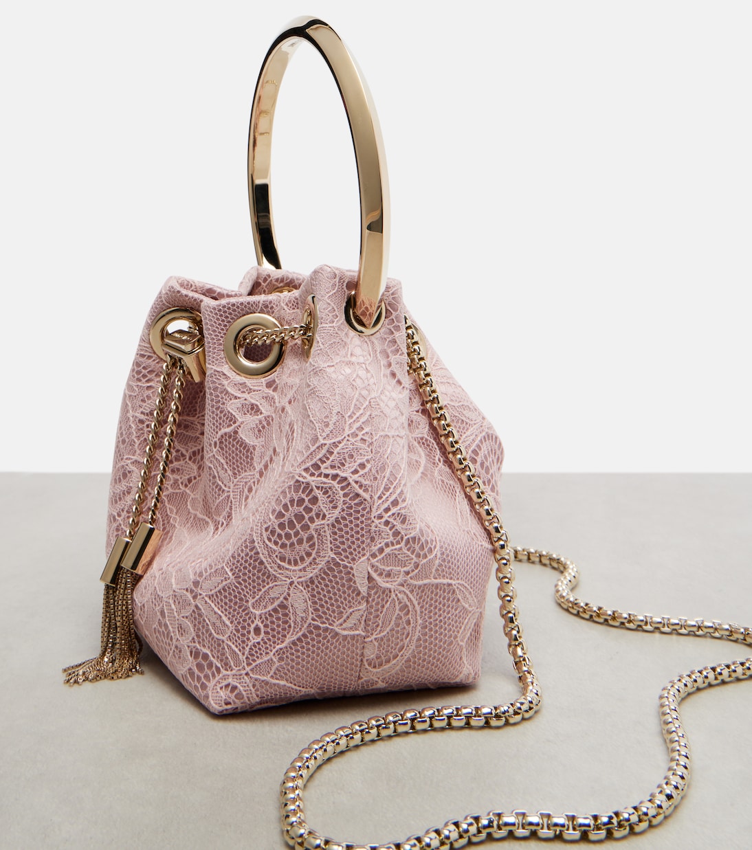 Bon Bon Micro satin and lace bucket bag | Jimmy Choo