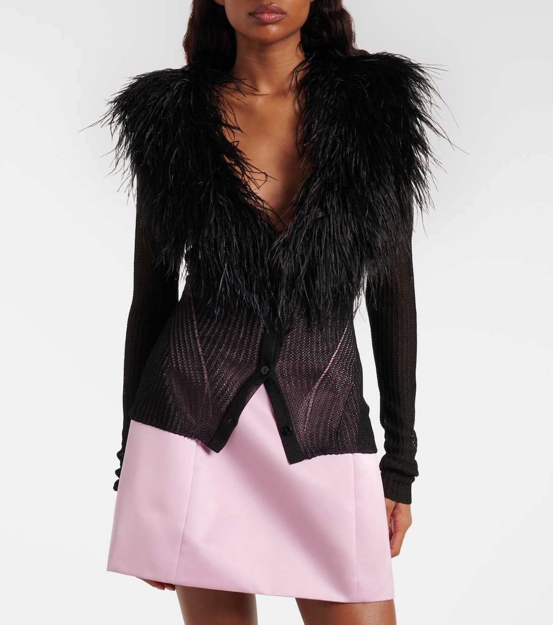 Feather-trimmed ribbed-knit cardigan | Blumarine